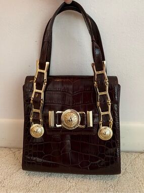 Gianni Versace Croc-Embossed Dark Brown Top-Handle Bag with Gold Hardware